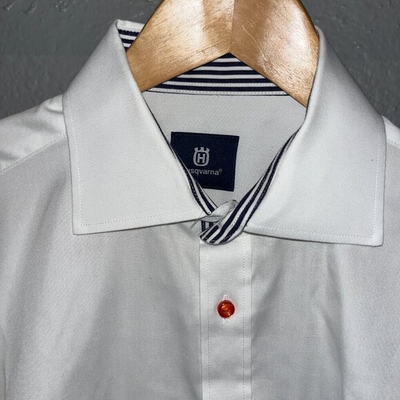 HUSQVARNA Men's Embroidered Spellout Long Sleeve Button Down White Dress Shirt L - Picture 2 of 13